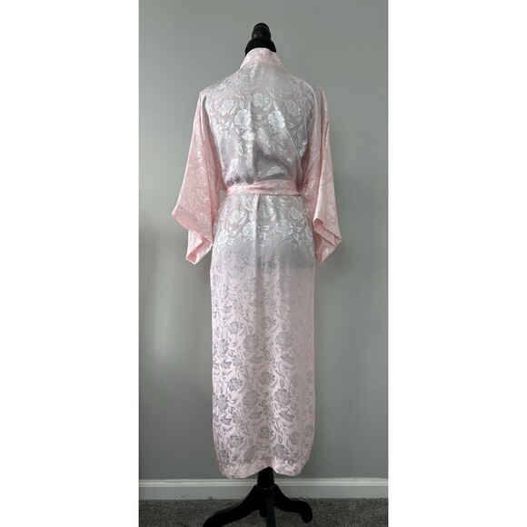 Vtg 90s Long Kimono Robe Small Powder Pink Floral Embossed Satin Belted Romantic - Picture 3 of 12